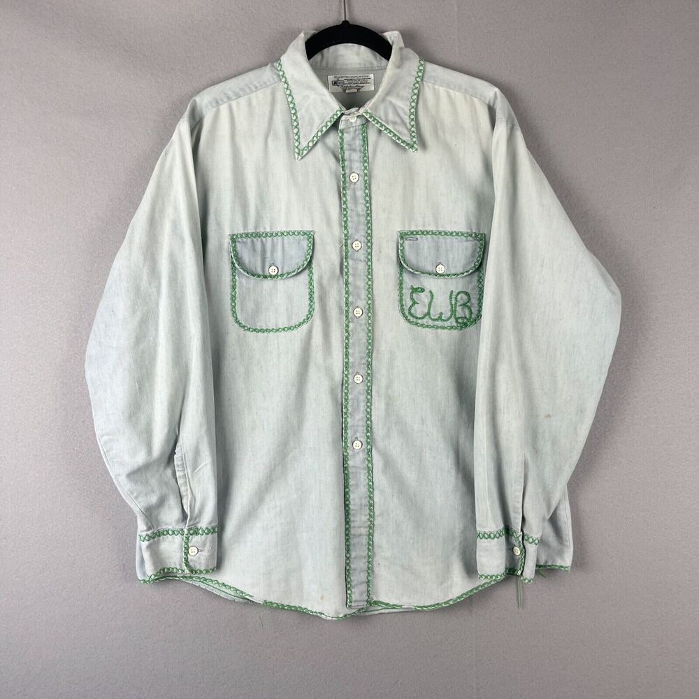 Vintage Kmart Shirt Mens Large Blue Button Up Embroidery Long‎ Sleeve Upcycled